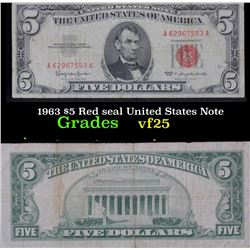 1963 $5 Red seal United States Note . . Grades vf+