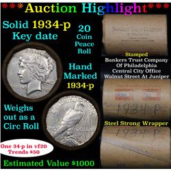 ***Auction Highlight*** Full solid date 1934-p Peace silver dollar roll, 20 coins   (fc)