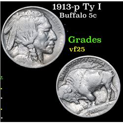 1913-p Ty I Buffalo Nickel 5c Grades vf+