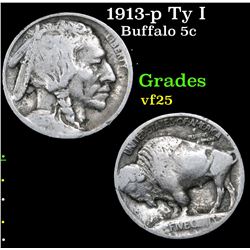 1913-p Ty I Buffalo Nickel 5c Grades vf+