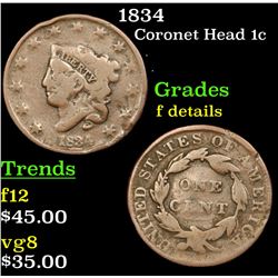 1834 Coronet Head Large Cent 1c Grades f details