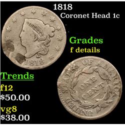 1818 Coronet Head Large Cent 1c Grades f details