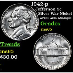1942-p Jefferson Nickel 5c Grades GEM Unc