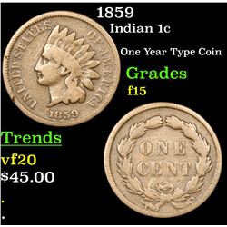 1859 Indian Cent 1c Grades f+