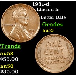 1931-d Lincoln Cent 1c Grades Choice AU