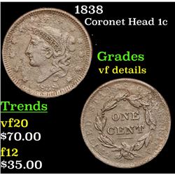 1838 Coronet Head Large Cent 1c Grades vf details