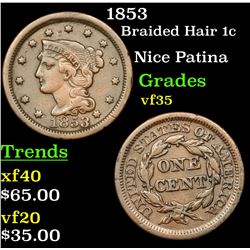 1853 Braided Hair Large Cent 1c Grades vf++
