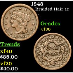 1848 Braided Hair Large Cent 1c Grades vf++