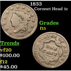 1833 Coronet Head Large Cent 1c Grades f+