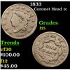 Image 1 : 1833 Coronet Head Large Cent 1c Grades f+