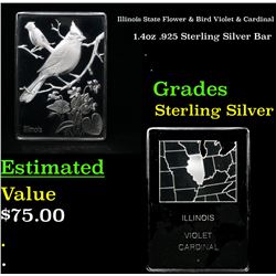 Illinois State Flower & Bird Violet & Cardinal 1.4oz .925 Sterling Silver Bar Grades