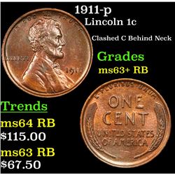 1911-p Lincoln Cent 1c Grades Select+ Unc RB