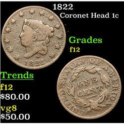1822 Coronet Head Large Cent 1c Grades f, fine