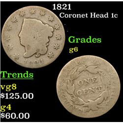 1821 Coronet Head Large Cent 1c Grades g+