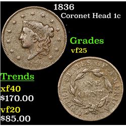 1836 Coronet Head Large Cent 1c Grades vf+