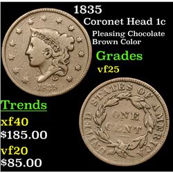 1835 Coronet Head Large Cent 1c Grades vf+