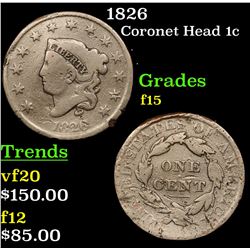 1826 Coronet Head Large Cent 1c Grades f+