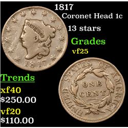 1817 Coronet Head Large Cent 1c Grades vf+