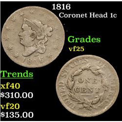1816 Coronet Head Large Cent 1c Grades vf+
