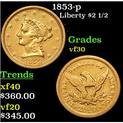 1853-p Gold Liberty Quarter Eagle $2 1/2 Grades vf++