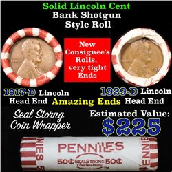 Mixed small cents 1c orig shotgun roll, 1917-d Wheat Cent, 1929-d Wheat Cent other end