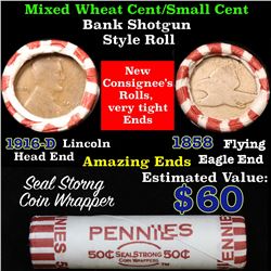 Mixed small cents 1c orig shotgun roll, 1916-d Wheat Cent, 1858 Flying Eagle Cent other end