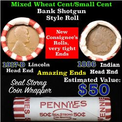Mixed small cents 1c orig shotgun roll, 1917-d Wheat Cent, 1886 Ty II Flying Eagle Cent other end