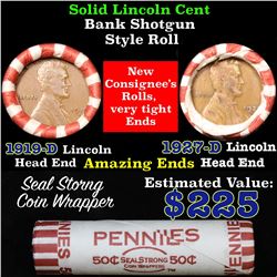 Mixed small cents 1c orig shotgun roll, 1919-d Wheat Cent, 1927-d Wheat Cent other end