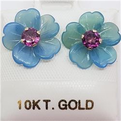 10K Yellow Gold Garnet(0.5ct) Chalcedony Flower Earrings, Made in Canada, Suggested Retail Value $12