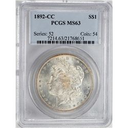 1892-CC $1 Morgan Silver Dollar Coin PCGS MS63