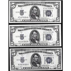 Lot of (3) 1934D $5 Silver Certificate Notes