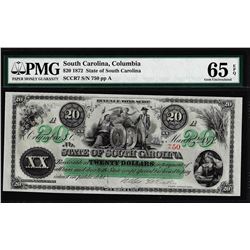 1872 $20 State of South Carolina Revenue Bond Obsolete Note PMG Gem Uncirculated 65EPQ