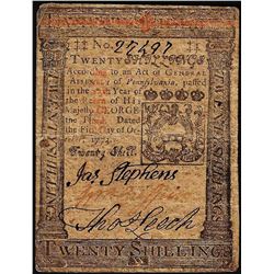 October 1, 1773 Pennsylvania 20 Shillings Colonial Currency Note