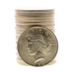 Roll of (20) Brilliant Uncirculated 1922 $1 Peace Silver Dollar Coins