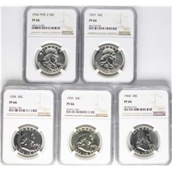 Lot of 1956-1960 Proof Franklin Half Dollar Coins NGC PF66