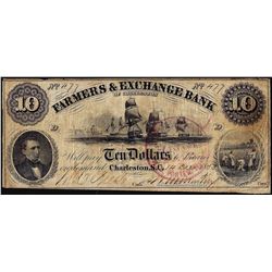1853 $10 Farmers & Exchange Bank Charleston, SC Obsolete Note