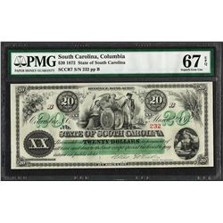 1872 $20 State of South Carolina Revenue Bond Obsolete Note PMG Superb Gem Unc. 67EPQ