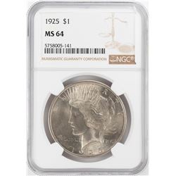 1925 $1 Peace Silver Dollar Coin NGC MS64