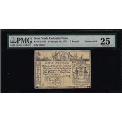 1771 New York 5 Pound Colonial Currency Note Counterfeit PMG Very Fine 25