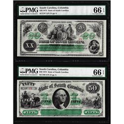 Matching Low Serial 1872 $20 & $50 South Carolina Obsolete Notes PMG Gem Unc. 66EPQ
