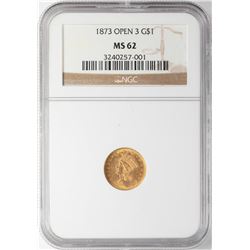 1873 Open 3 $1 Indian Princess Head Gold Dollar Coin NGC MS62