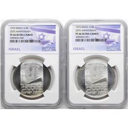 Lot of (2) 1973 Israel 10 Lirot Silver Coins NGC PF66 Ultra Cameo