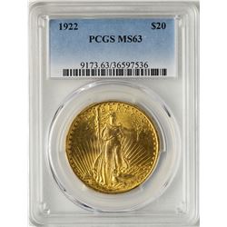 1922 $20 St. Gaudens Double Eagle Gold Coin PCGS MS63