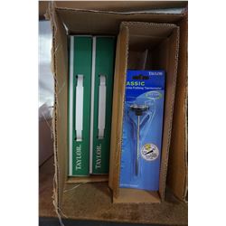 BOX OF WALL THERMOMETERS AND 2 INDOOR.OUTDOOR FARM THERMOMETERS