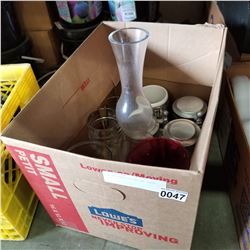 BOX OF GLASS STEINS AND VASES