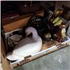 Image 1 : 2 TRAYS OF CERAMIC FIGURES, VASE, SAFETY LIGHT, AND DECOR