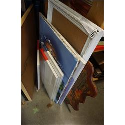 LOT OF NEW CANVASES, CORK BOARD, PAINTING, AND BURL PICTURE