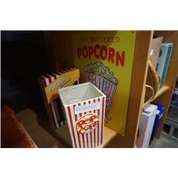 CERAMIC POPCORN BUCKET, SEASONING SET, AND TIN SIGN