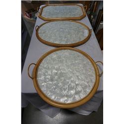 3 RATTAN AND PEARLIZED SERVING TRAYS