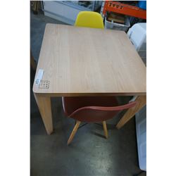 SMALL SOLID WOODEN CHOCCOO TABLE W/ BROWN AND YELLOW DECORATIVE TUB CHAIRS